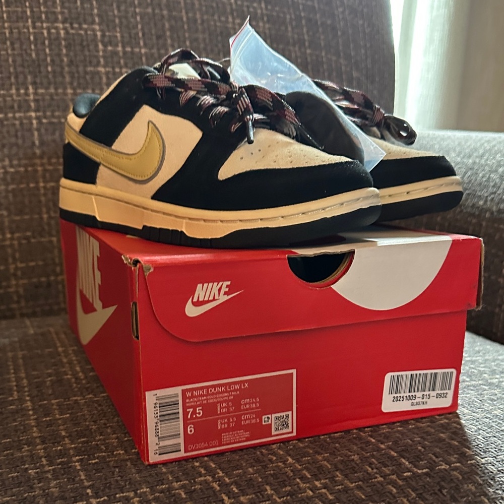 Nike Dunk Low LX Black and Cream Sneakers with Gold Swoosh
